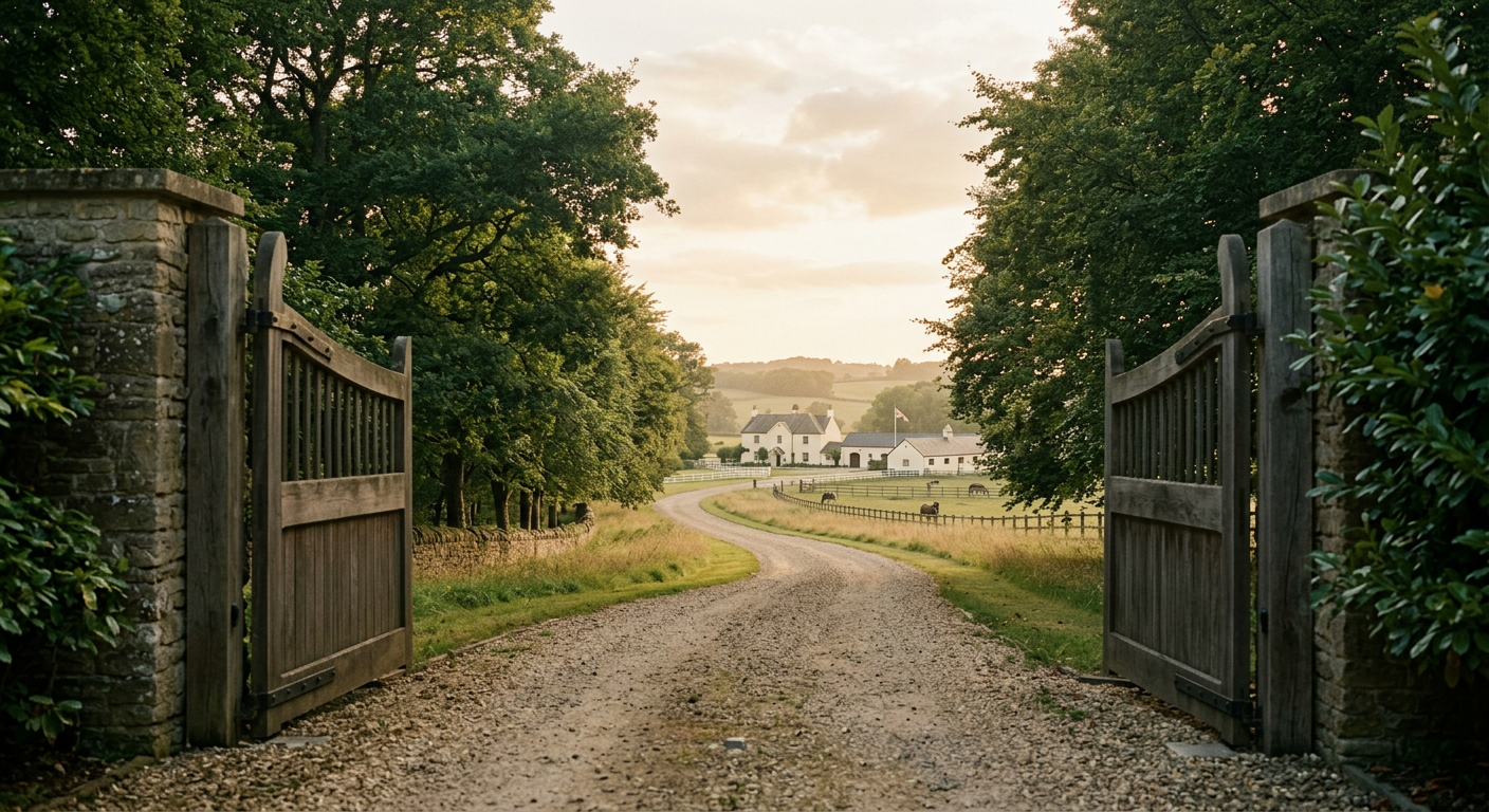 An open wooden gate leading down a tree-lined drive toward an estate