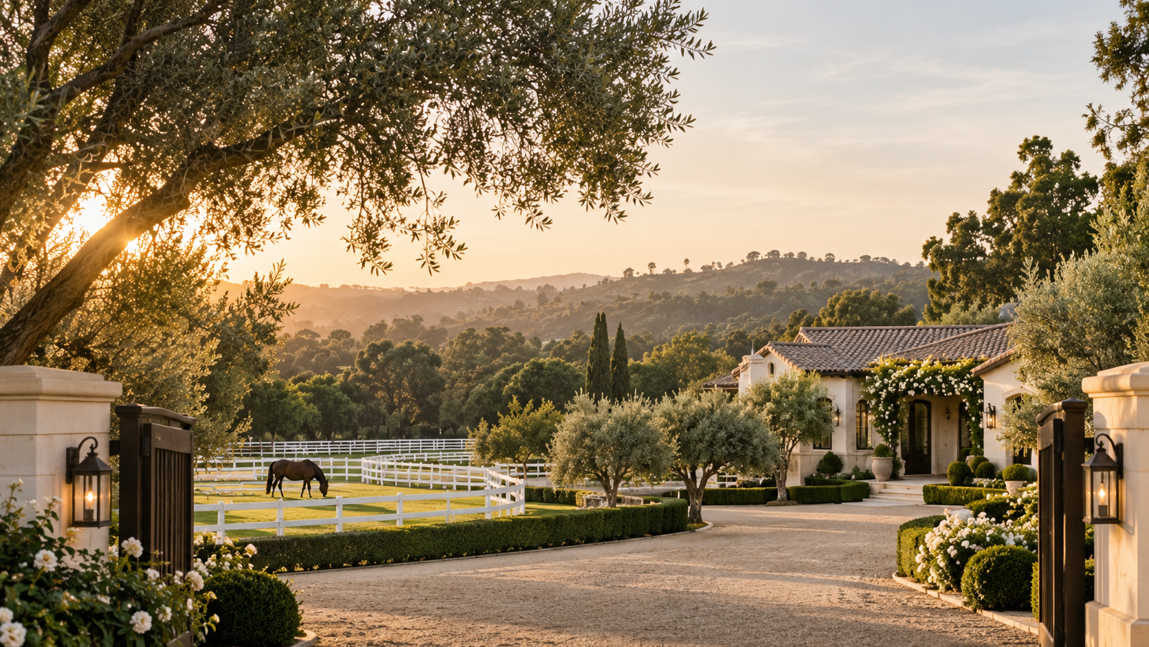 Golden hour through the stone gates of an equestrian estate, a bay horse grazing in a white-fenced paddock beside a Mediterranean villa
