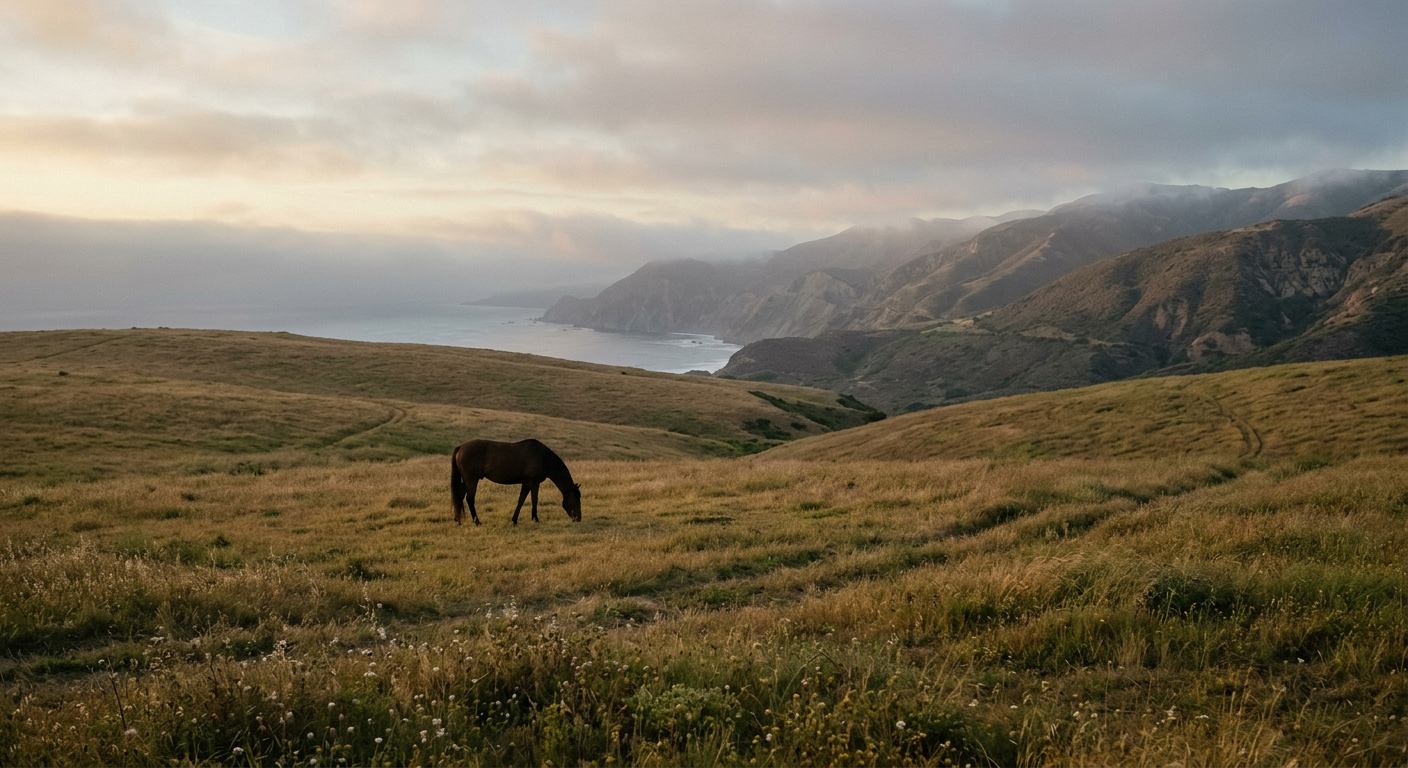 A single horse grazing in a golden pasture beneath coastal hills at dusk